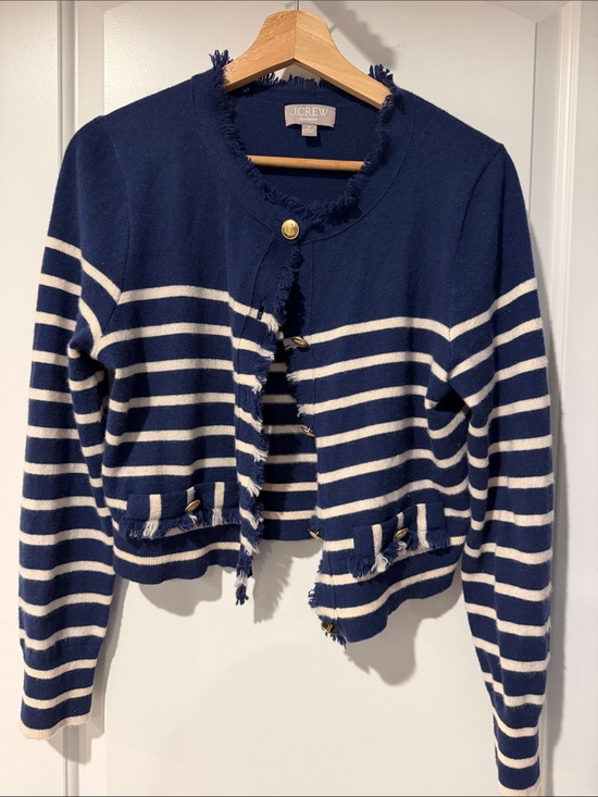 J. Crew Sweaters - J.Crew Navy & White Striped Fringe Cashmere Cardigan